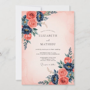 Coral Navy Blue Refined Floral Wedding Invitation