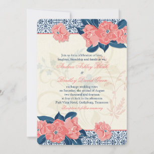 Coral Navy Blue Vintage Floral Wedding Invitation