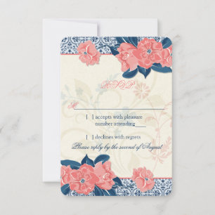Coral Navy Blue Vintage Floral Wedding RSVP Reply Card