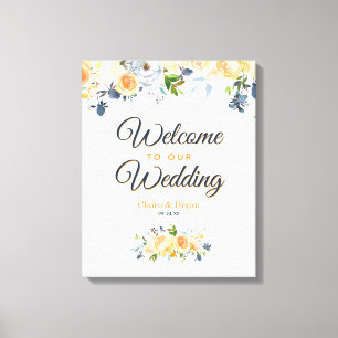 Coral Navy Blue Watercolor Floral Welcome Wedding Canvas Print