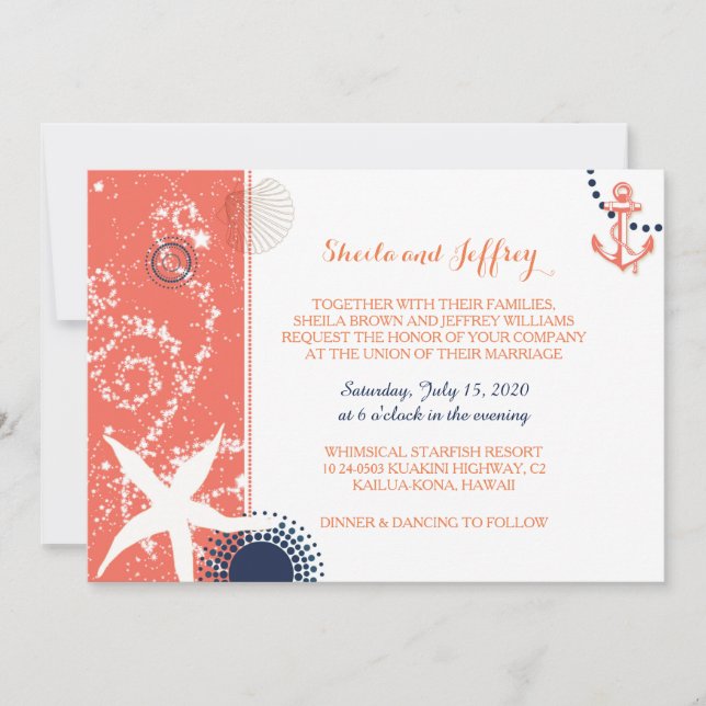 Coral Navy Blue White Nautical Wedding Invitation (Front)