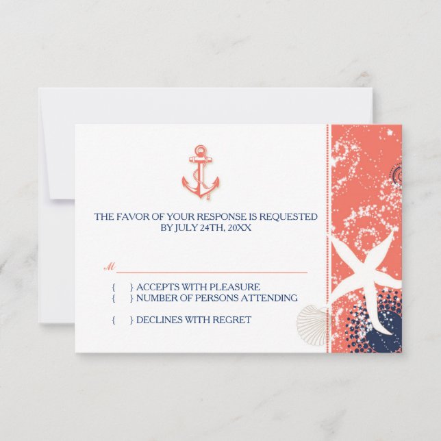 Coral Navy Blue White Nautical Wedding RSVP Card (Front)