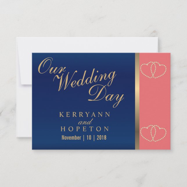 Coral & Navy Blue with Gold Hearts - RSVP (Front)