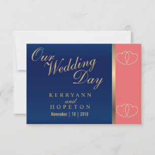 Coral & Navy Blue with Gold Hearts - RSVP Card