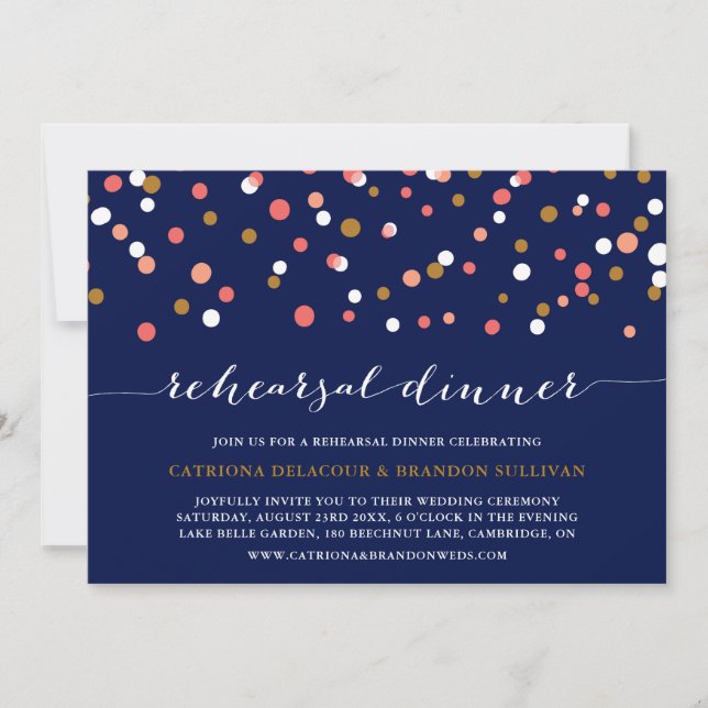 Coral & Navy Confetti Rehearsal Dinner Invitation (Front)