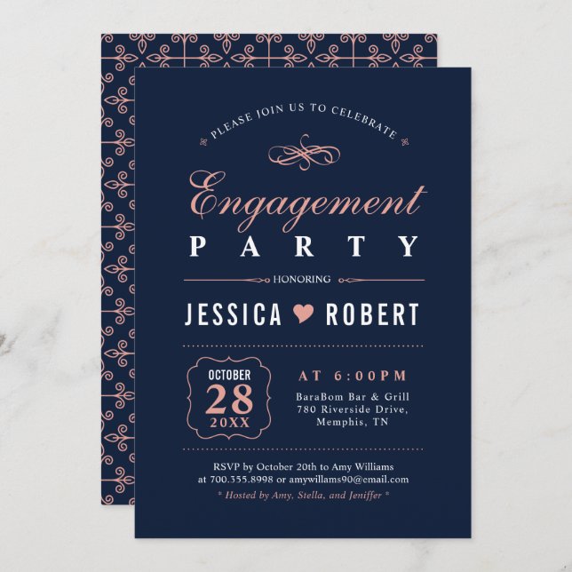 Coral & Navy | Elegant Engagement Party Invitation (Front/Back)