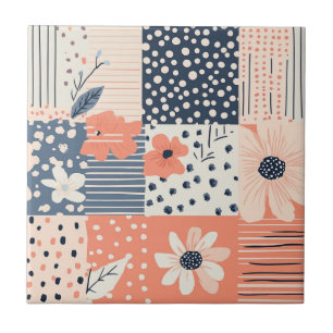 Coral Navy Floral Patchwork Quilt Pattern Tile