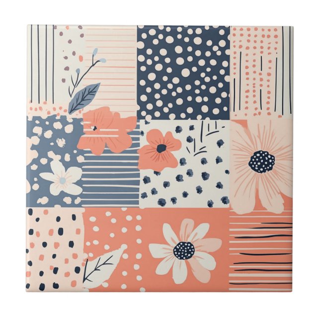 Coral Navy Floral Patchwork Quilt Pattern Tile (Front)