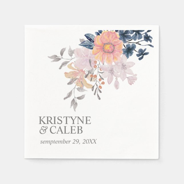 Coral & Navy Flowers chic personalised wedding  Napkin (Front)