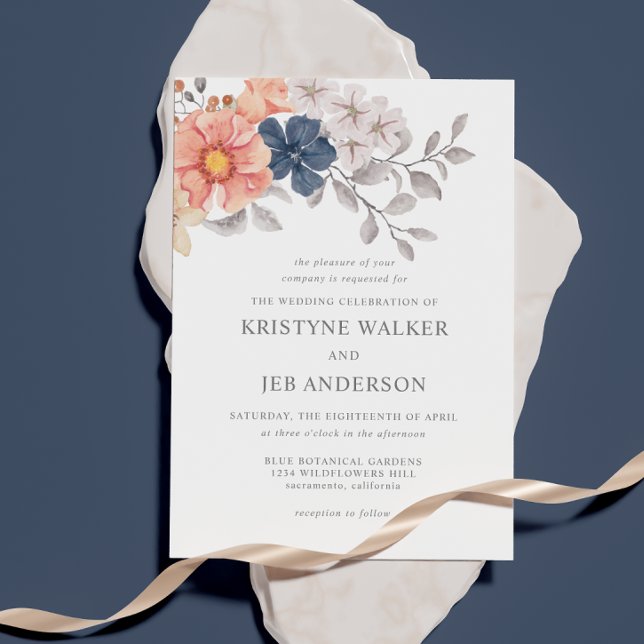 Coral & Navy Flowers | Elegant Botanical  Invitation (Creator Uploaded)