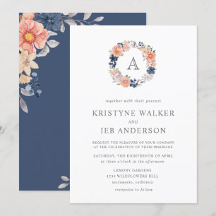 Coral & Navy Flowers Monogram Watercolor Wedding Invitation
