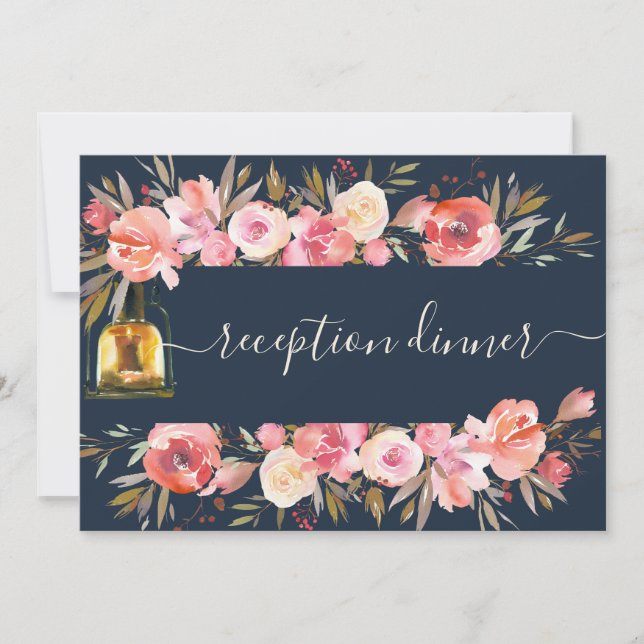 Coral Navy Gold Lanterns Reception Dinner Invitation (Front)