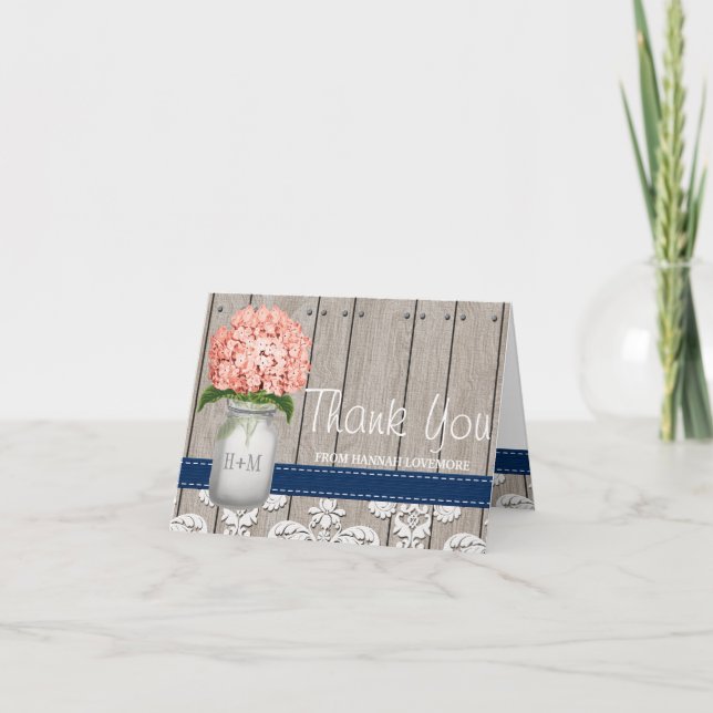 Coral Navy Hydrangea Monogram Mason Jar THANK YOU Card (Front)