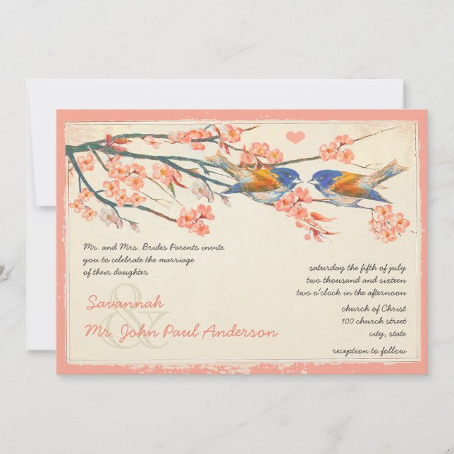 Coral Navy Love Bird Cherry Blossom Wedding Invitation (Front)