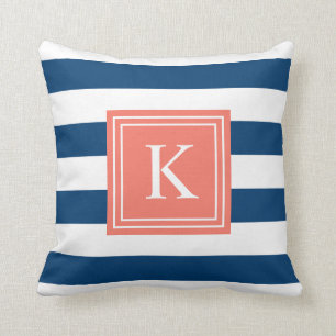 Coral & Navy Monogram Striped Throw Pillow