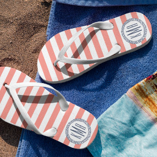 Coral & Navy Nautical Stripe Preppy Monogram Jandals