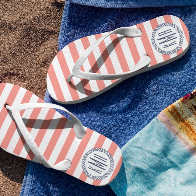 Coral & Navy Nautical Stripe Preppy Monogram Jandals (Creator Uploaded)