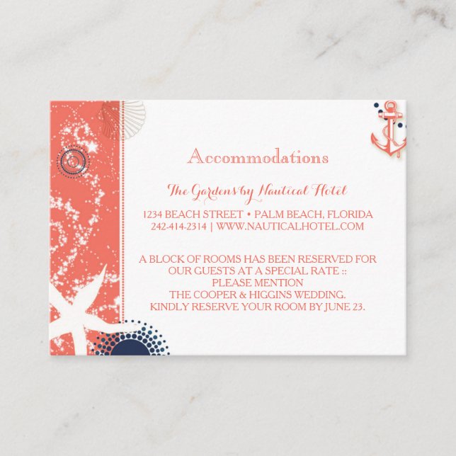 Coral & Navy Nautical Wedding Accommodations Enclosure Card (Front)