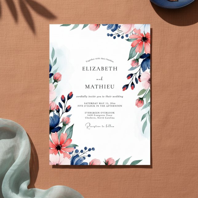 Coral & Navy Painterly Floral Wedding Invitation (Creator Uploaded)
