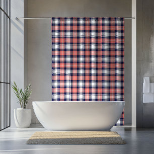 Coral Navy Plaid Curtain Gift for Relaxing Days