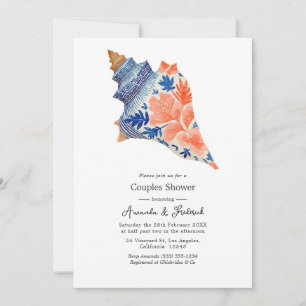 Coral & Navy Seashell Coastal Beach Couples Shower Invitation