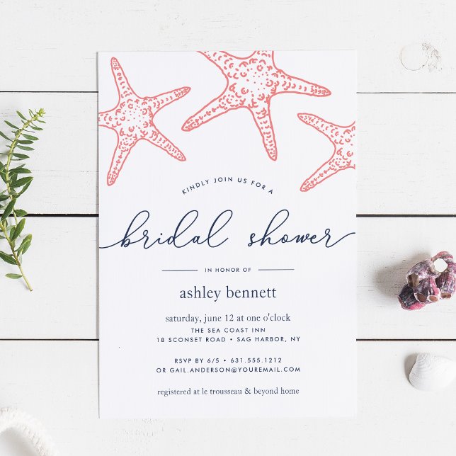 Coral & Navy Starfish Bridal Shower Invitation (Creator Uploaded)