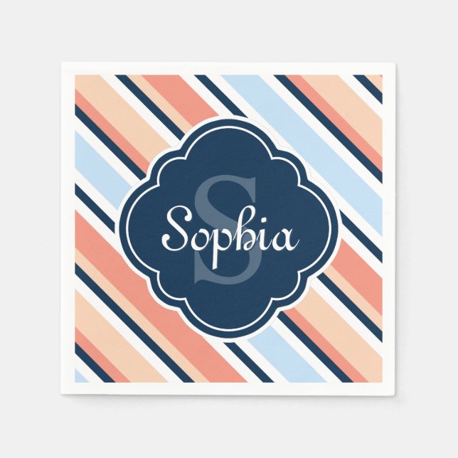 Coral Navy Tilted Stripe Pattern Napkin (Front)