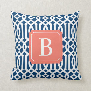 Coral & Navy Trellis Throw Pillow