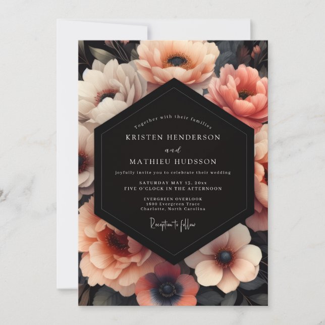 Coral Nocturne Bloom Wedding Invitation (Front)