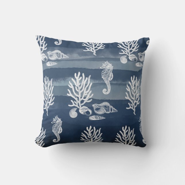Coral Ocean Seahorse Navy Blue Throw Pillow (Front)