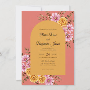 Coral Ochre Zinnia Eucalyptus Wedding Invitation