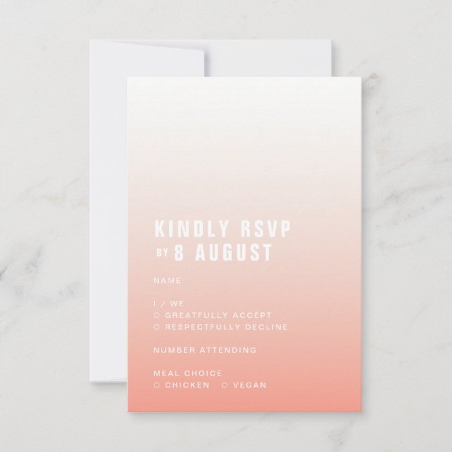 Coral Ombre | Blush Pink Modern Minimalist Wedding RSVP Card (Front)
