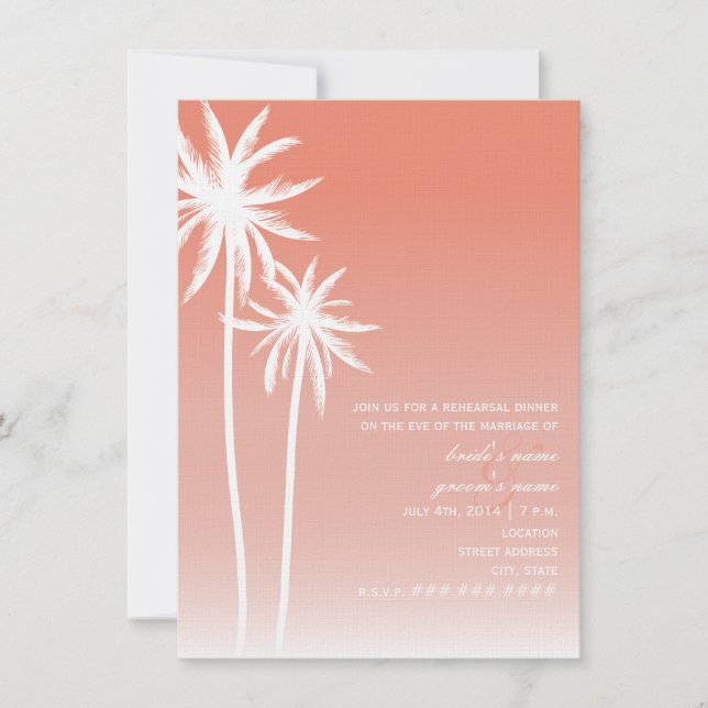 Coral Ombré Palm Trees Beach Rehearsal Dinner Invitation (Front)