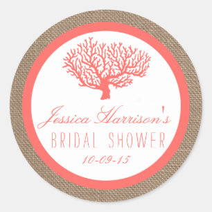 Coral On Burlap Beach Bridal Shower Stickers