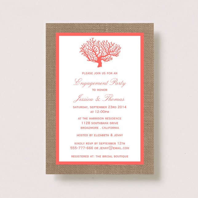 Coral On Burlap Boho Beach Engagement Party Invitation (Creator Uploaded)