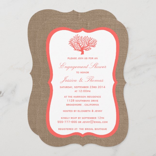 Coral On Burlap Boho Beach Engagement Shower Invitation (Front/Back)