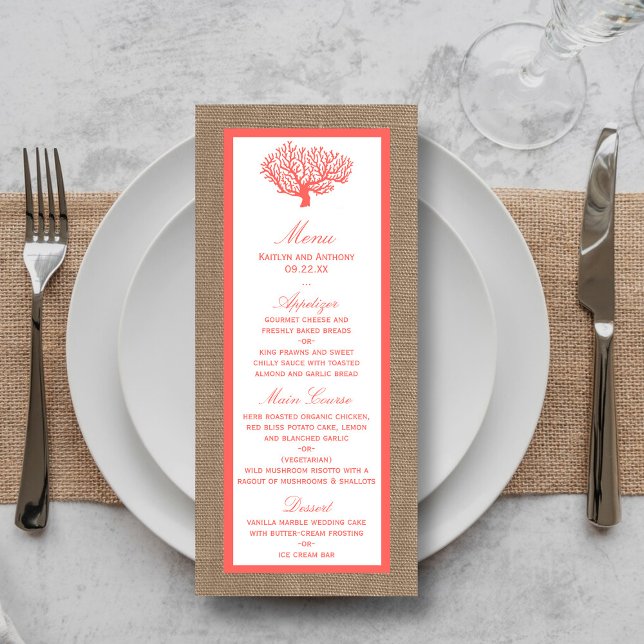 Coral On Burlap Boho Beach Wedding Menu (Creator Uploaded)