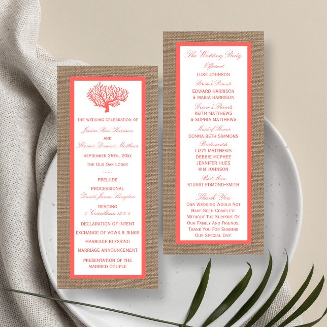 Coral On Burlap Boho Beach Wedding Program Rack Card (Creator Uploaded)