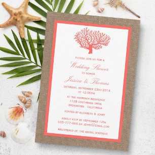 Coral On Burlap Boho Beach Wedding Shower Invitation