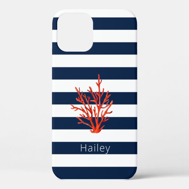 Coral on Navy & white stripe Nautical iPhone case (Back)