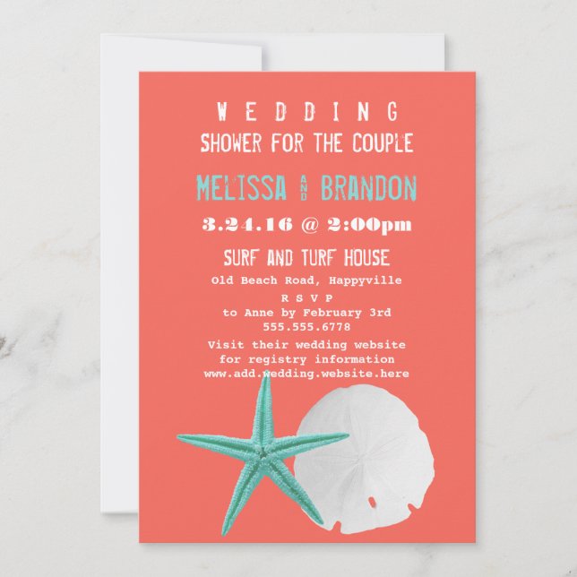 Coral Orange and Blue Beach Shells Wedding Shower Invitation (Front)