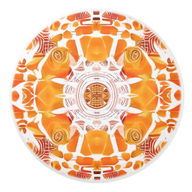 Coral Orange and Cream Batik Medallion Pattern  Ceramic Knob (Front)