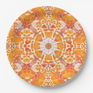 Coral Orange and Cream Batik Medallion Pattern Paper Plate