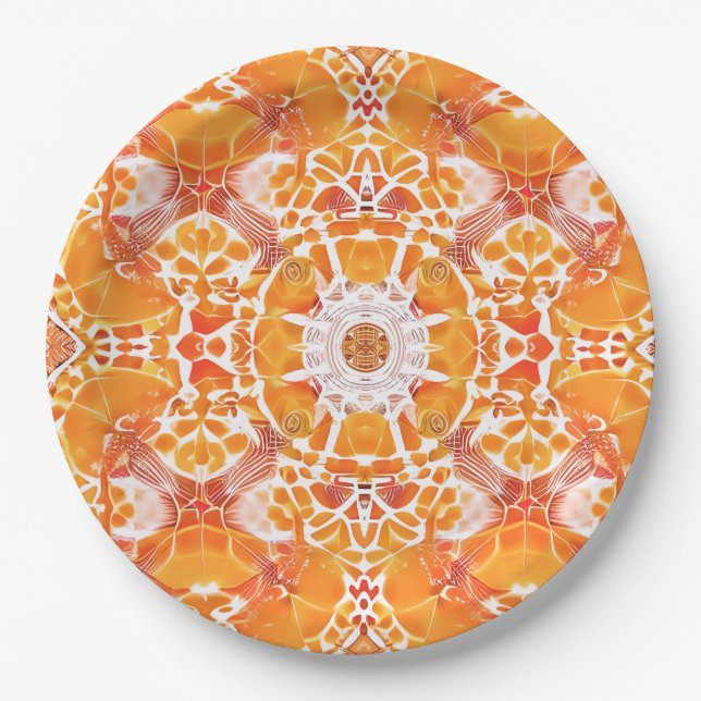 Coral Orange and Cream Batik Medallion Pattern Paper Plate (Front)
