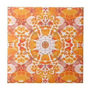 Coral Orange and Cream Batik Pattern Tile