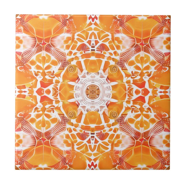 Coral Orange and Cream Batik Pattern  Tile (Front)