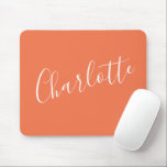Coral Orange Bold Script Personalized Name Desk Mouse Pad<br><div class="desc">This mouse pad features a solid coral orange background with a large personalized name in flowing white script across the center. Simple,  bold,  and easy to personalize — a great pick for a desk refresh,  a back to school gift,  or a teacher appreciation present.</div>