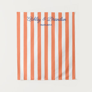Coral Orange Cabana Stripe Personalised Wedding Tapestry