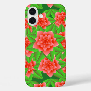 Coral Orange Camellias and Green Leaves iPhone 16 Plus Case