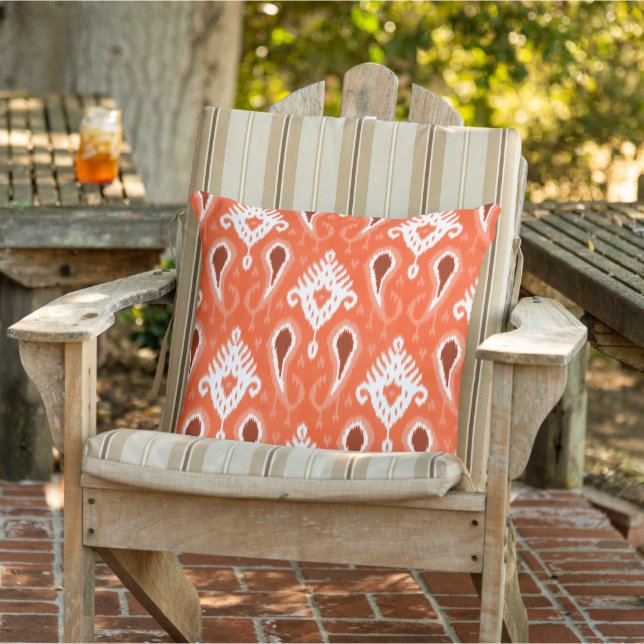 Coral Orange Dark Maroon Red Ikat Tribal Pattern Cushion (Chair)